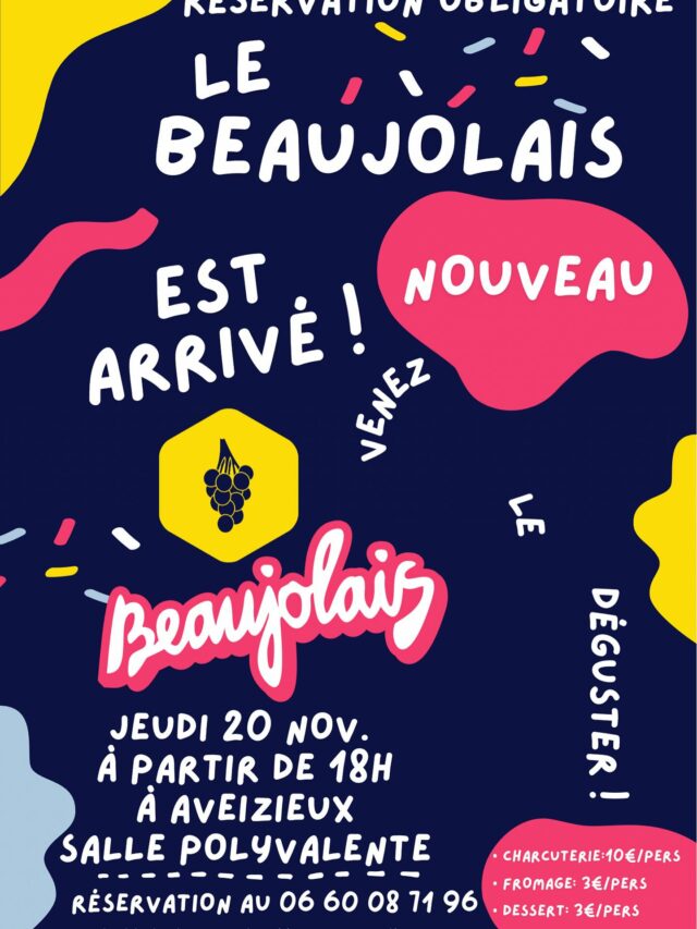 Soirée Beaujolais nouveau
Jeudi 20 novembre 2025 à partir de 18 heures à la salle polyvalente d’Aveizieux
Réservation obligatoire au 0660087196
• charcuterie 10€/pers
• fromage 🧀 3€/pers
• dessert 3€/pers