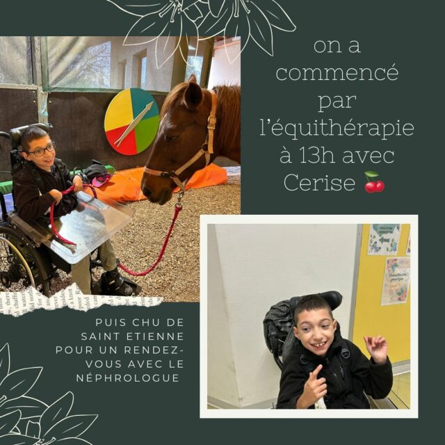 Journée marathon pour moi aujourd’hui !
Petite séance d’équithérapie puis rendez-vous avec le néphrologue pour vérifier mes fonctions rénale. Tout va bien😉 on y retourne dans un an 😉.
Il y a quelques semaines,on c’est rendu compte qu’une des roues de mon fauteuil ne touchait plus le sol. Verdict : le châssis est tordu. C’est un comble pour un fauteuil qui à seulement 4 mois et qui coûte un bras. Le châssis sera donc changé rapidement la garantie va fonctionner 😉.
 À bientôt.
Maxime