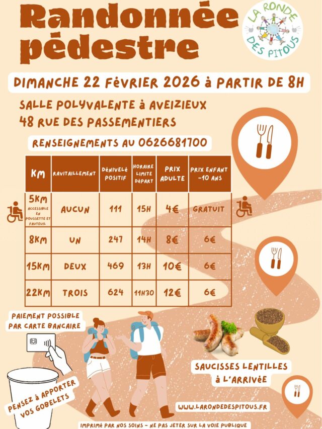 Randonnée pédestre 
Dimanche 22 février à partir de 8h
Départ salle polyvalente 
48 rue des passementiers à Aveizieux 

• 5km 4€ et gratuit pour les enfants (accessible en poussette et fauteuil 100% goudron)
• 8km 8€ et 6€ pour les enfants de moins de 10 ans 
• 15km 10€ et 6€ pour les enfants de moins de 10 ans 
• 22km 12€ et 6€ pour les enfants de moins de 10 ans 

Saucisses lentilles à l’arrivée pour les parcours 8, 15 et 22km

Renseignements au 0626681700