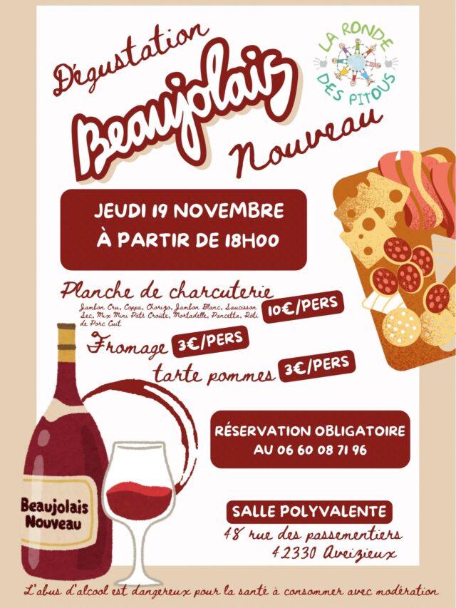 Jeudi 19 novembre à partir de 18 heures à la salle polyvalente d’Aveizieux.
Charcuterie 10€ par personne avec :Jambon Cru, Coppa, Chorizo, Jambon Blanc, Saucisson Sec, Mix Mini Pâté Croûte, Mortadelle, Pancetta, Rôti de Porc Cuit
3€ le fromage 
3€ la tarte aux pommes 
réservation obligatoire au 06 60 08 71 96
Possible à emporter